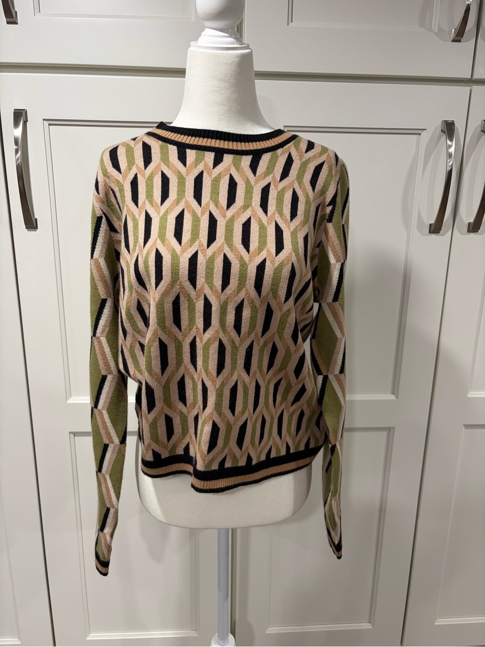 THML Geometric Crewneck Sweater in Olive, Black & Beige